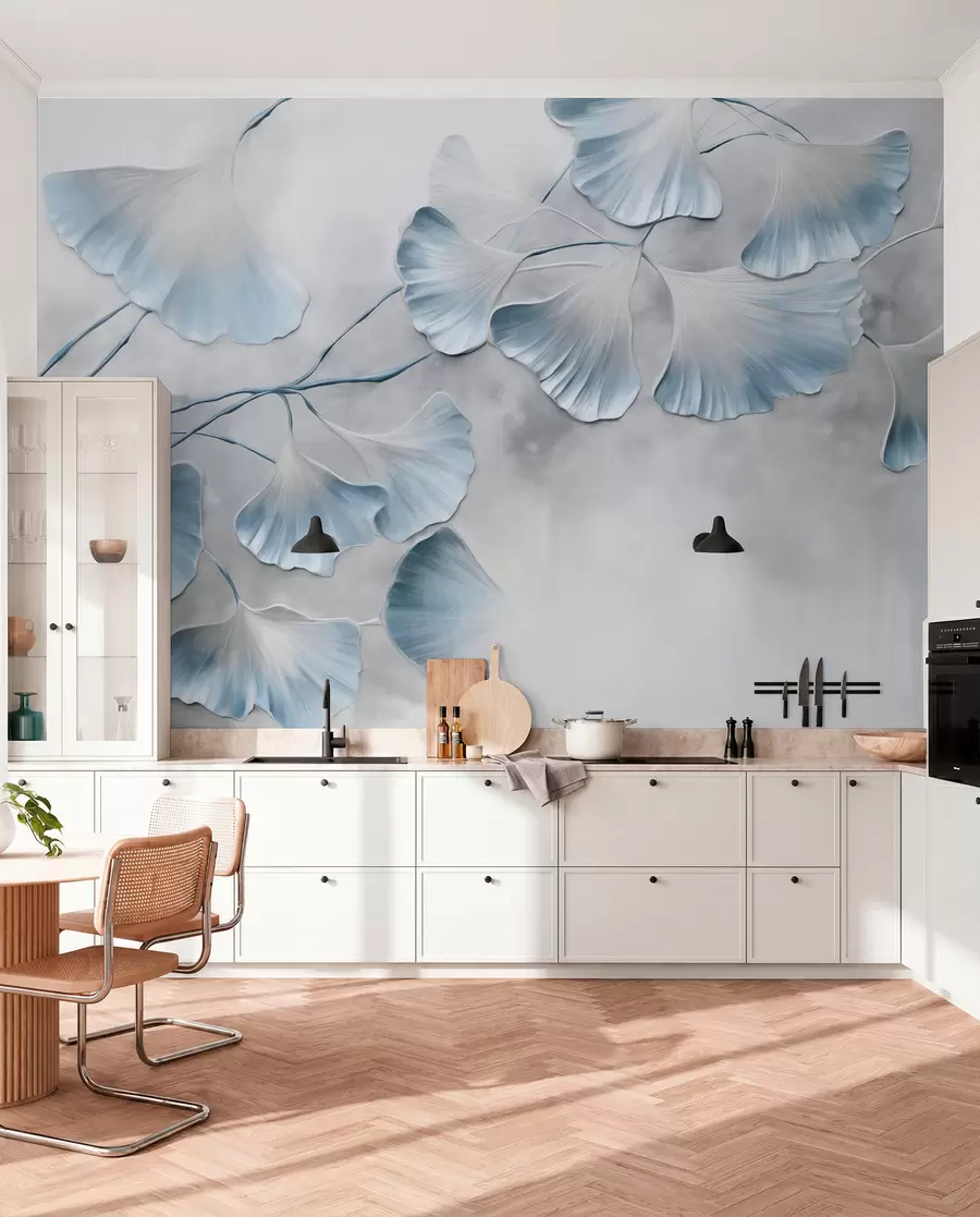 fototapet Frunze de Ginkgo biloba cu margini albastre pe o ramură, fundal texturat gri, design elegant și minimalist w09472v1