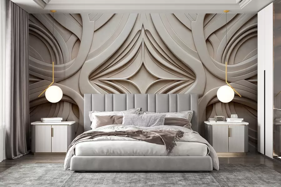 fototapet Imprimeu geometric abstract simetric texturat, culoare bej deschis, stil art deco, detalii complexe w09473