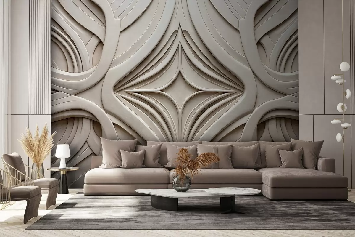 fototapet Imprimeu geometric abstract simetric texturat, culoare bej deschis, stil art deco, detalii complexe w09473