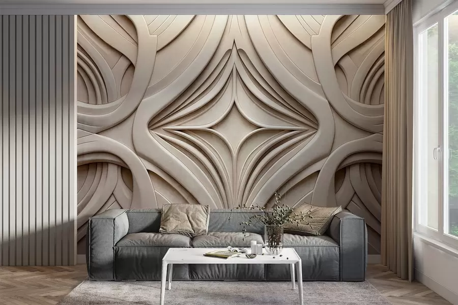 fototapet Imprimeu geometric abstract simetric texturat, culoare bej deschis, stil art deco, detalii complexe w09473