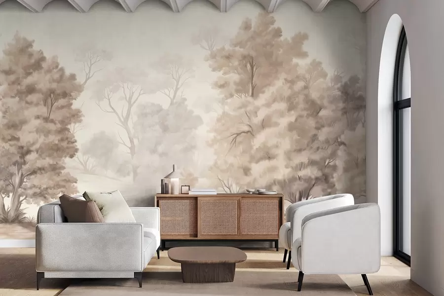 fototapet Pictură texturată care imită un peisaj forestier cu copaci înalți și iarbă, culori discrete și delicate, scenă liniștitoare w09474