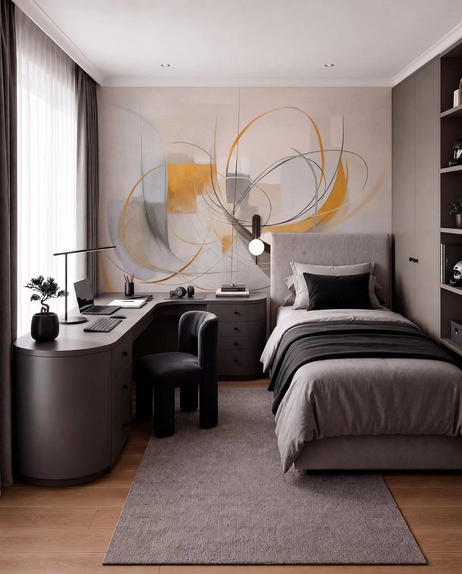fototapet Stil de pictură modernă abstractă cu textură, linii curbe și forme geometrice în nuanțe de gri, alb și portocaliu w09476