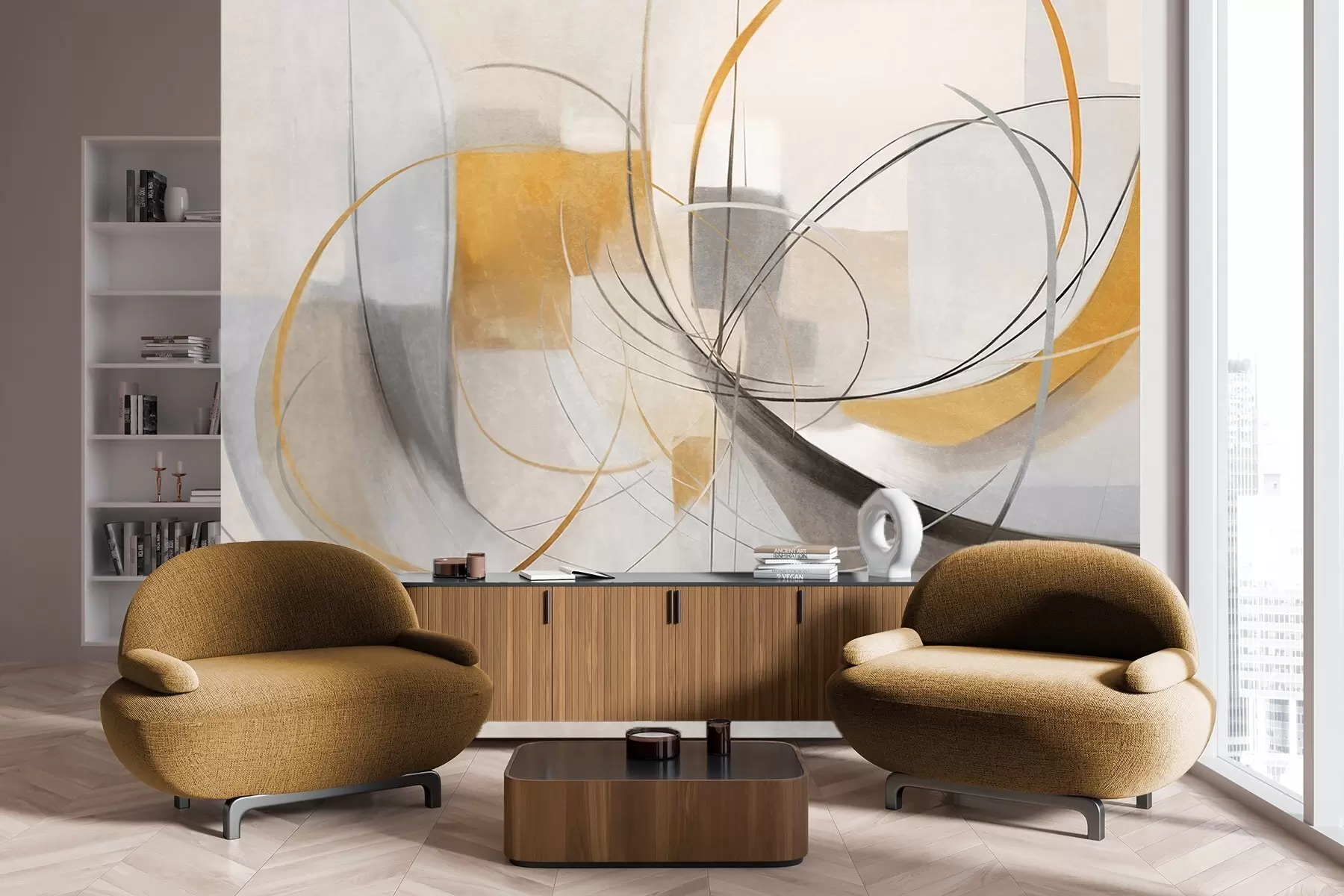 fototapet Stil de pictură modernă abstractă cu textură, linii curbe și forme geometrice în nuanțe de gri, alb și portocaliu w09476