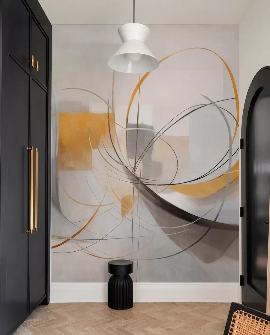 fototapet Stil de pictură modernă abstractă cu textură, linii curbe și forme geometrice în nuanțe de gri, alb și portocaliu w09476