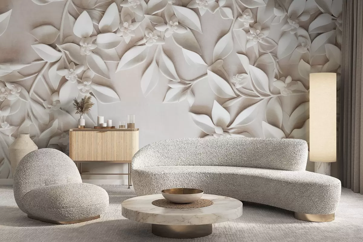 fototapet Flori și frunze albe texturate, aranjament floral, design elegant, stil minimalist, artă decorativă w09479