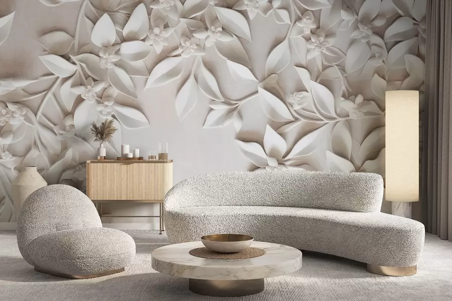 fototapet Flori și frunze albe texturate, aranjament floral, design elegant, stil minimalist, artă decorativă w09479