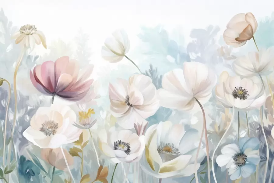 fototapet Un câmp de flori în culori pastelate, cu petale delicate și frunze verzi delicate, într-un stil acuarelă visător și texturat w09481