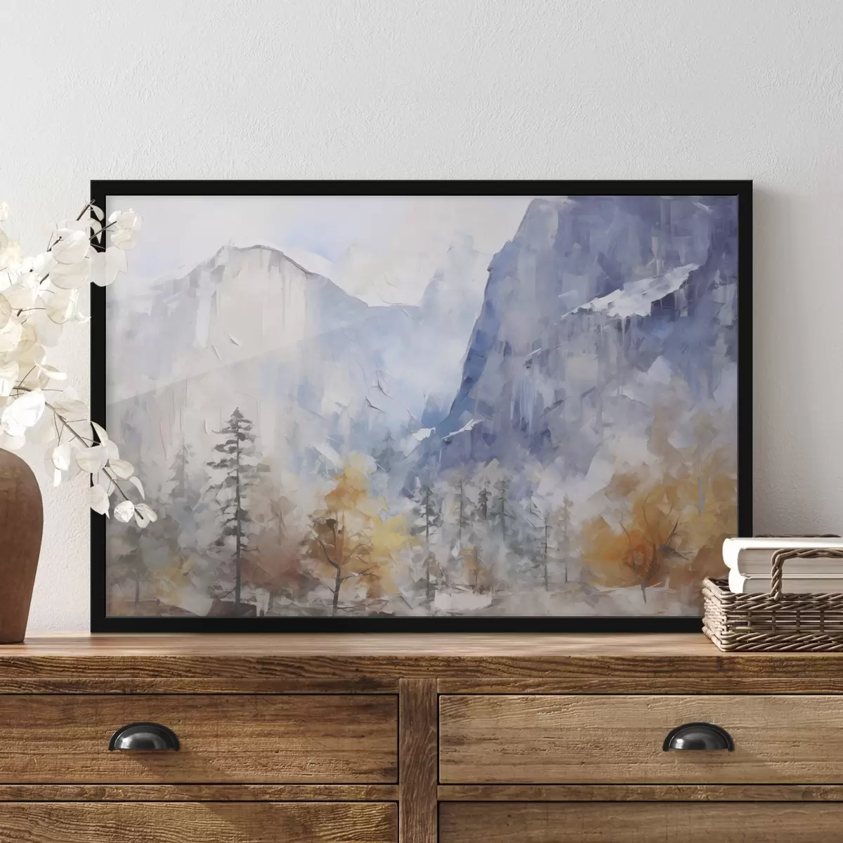 Poster Peisaj abstract cu pădure în fața munților f46298