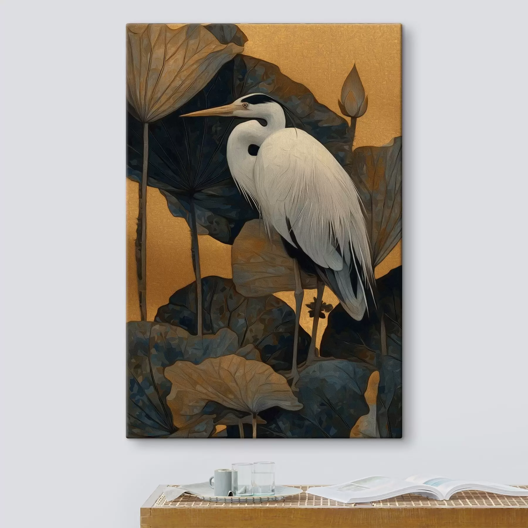 Tablouri Stârc alb printre frunze mari pe un fundal cald s46147