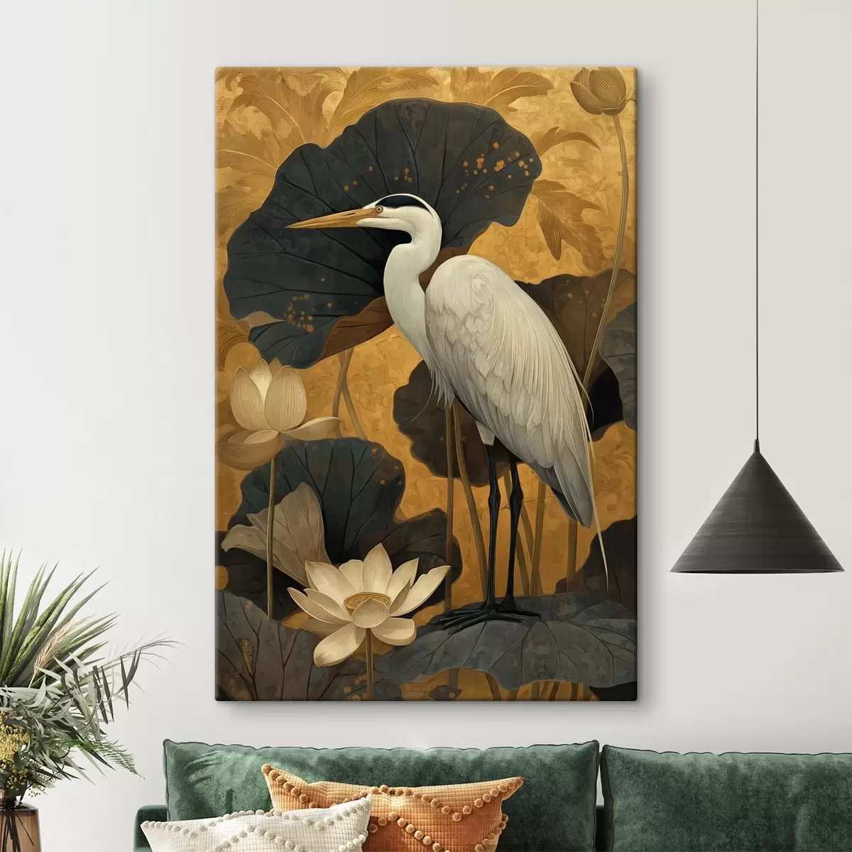 Tablouri Stârc printre lotuși pe un fundal cald s46148