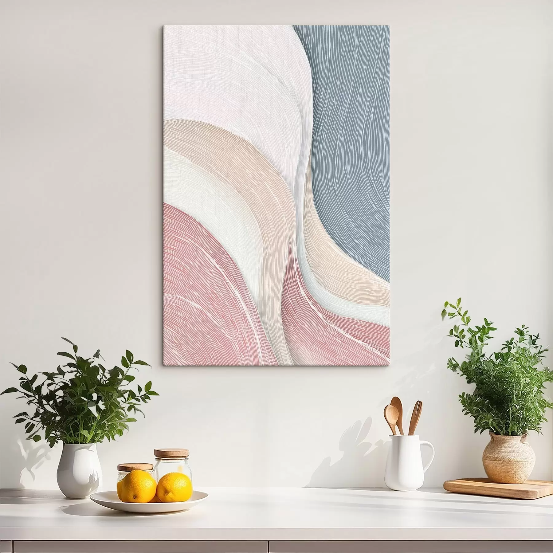 Tablouri Valuri abstracte ușoare în nuanțe de roz pal și gri-alb s46153