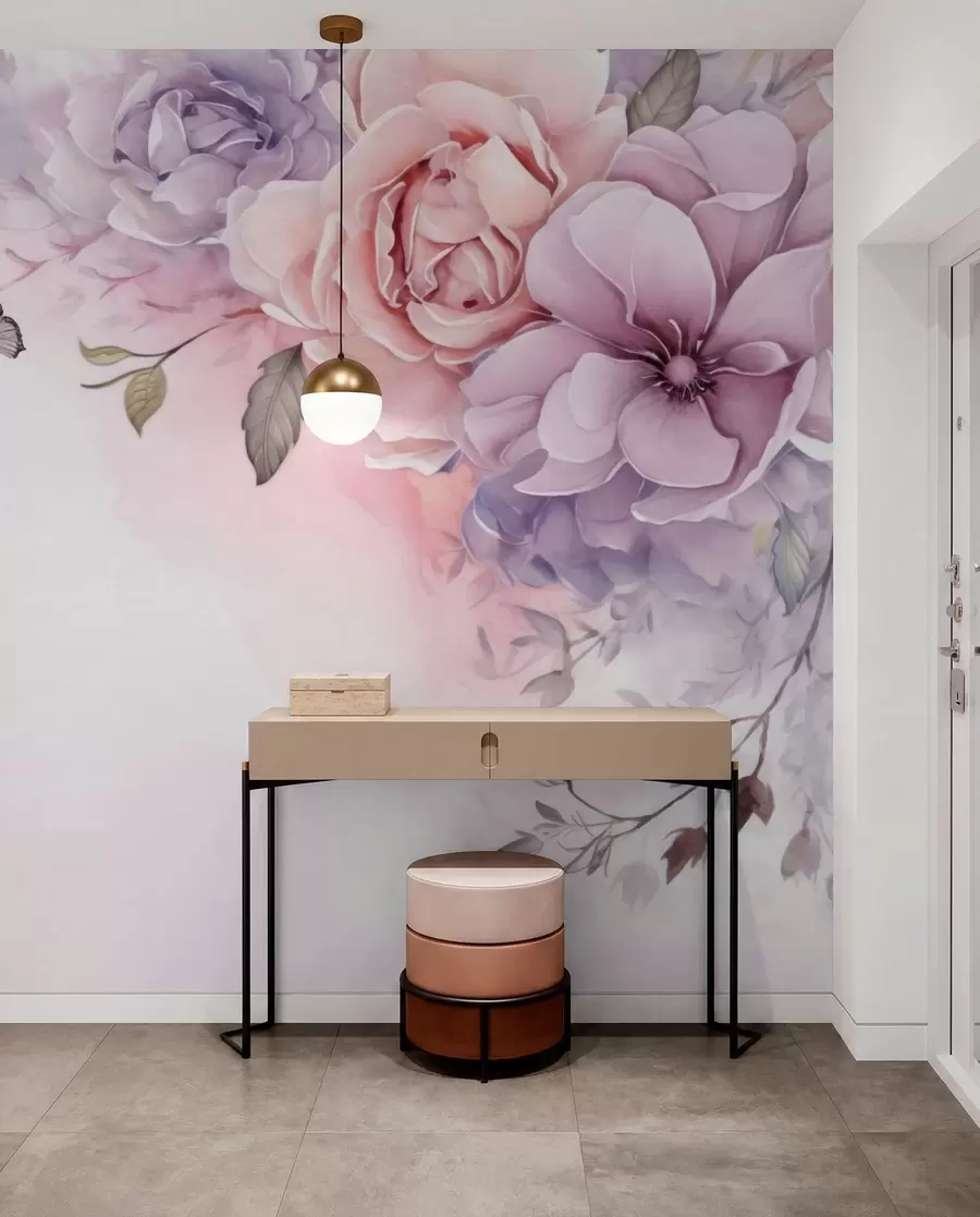 fototapet Flori delicate de culoare roz și liliac cu un fluture w04711