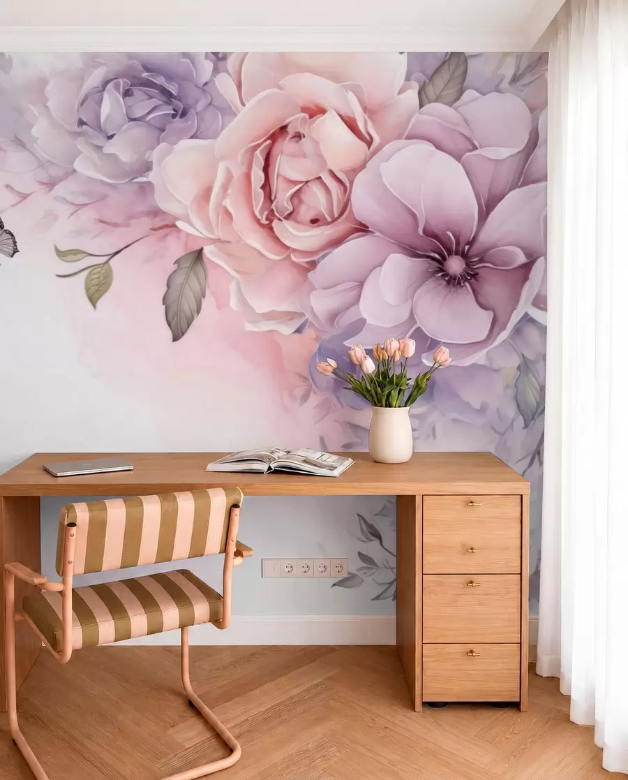 fototapet Flori delicate de culoare roz și liliac cu un fluture w04711