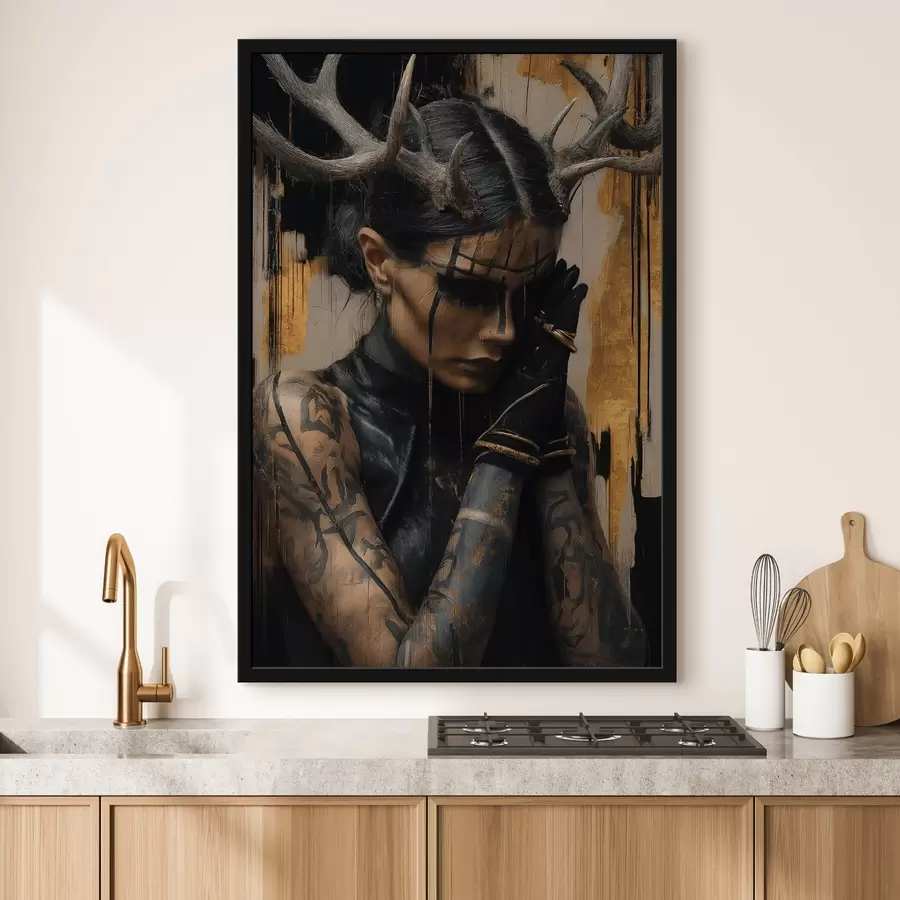 fototapet Femeie cu coarne, cu o privire întunecată și linii negre pe față f46144