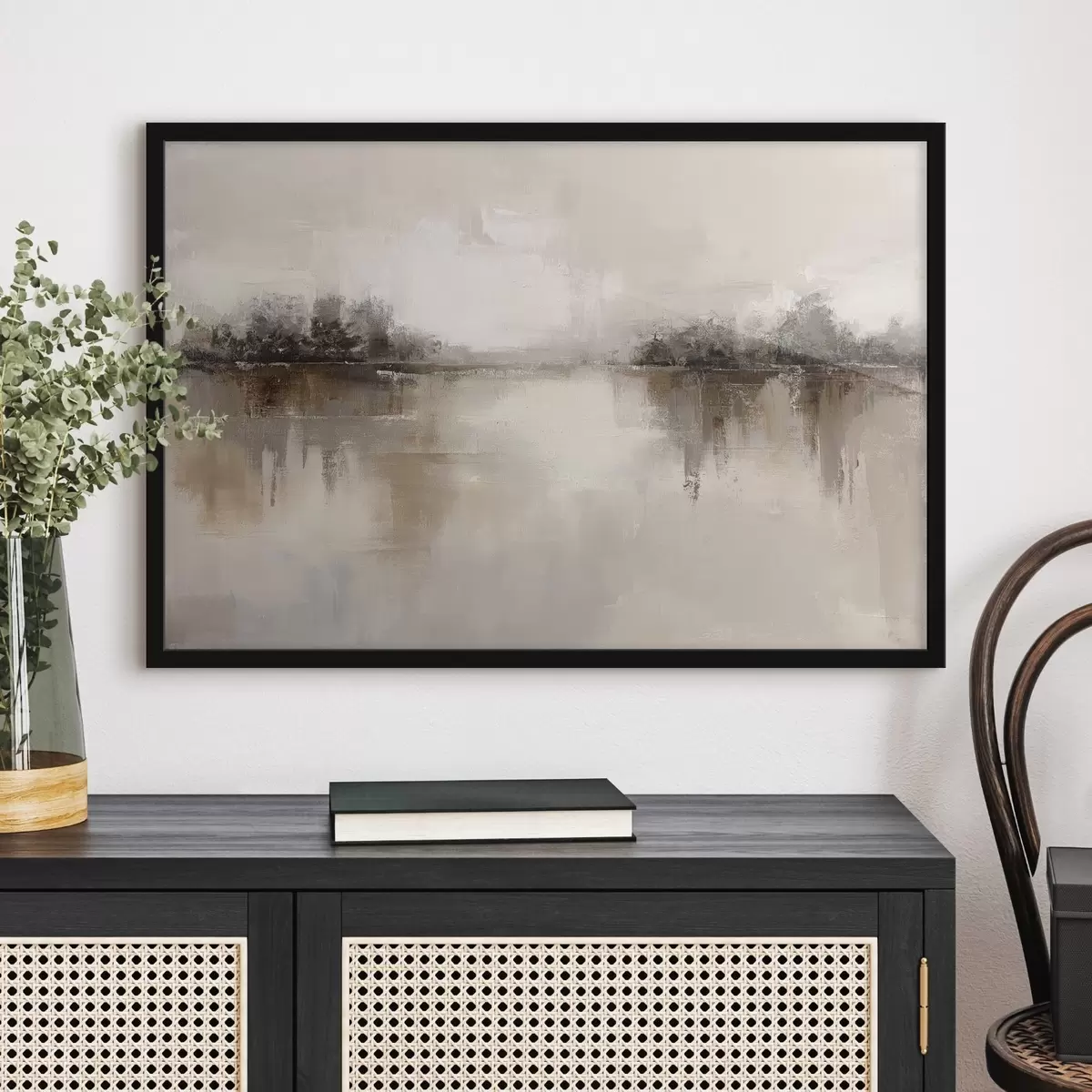 Poster Peisaj delicat cu un lac în tonuri calde de bej-gri f46158