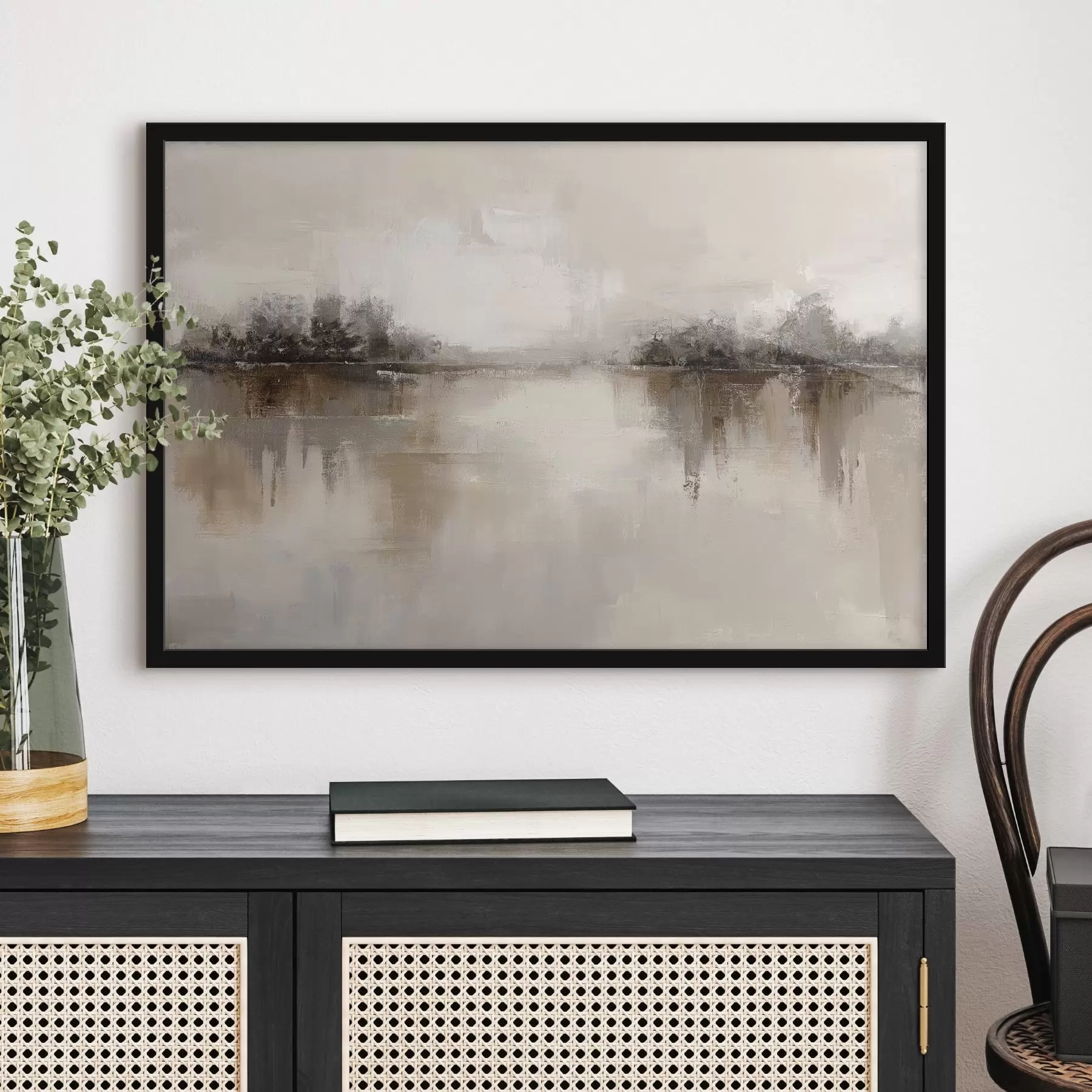 Tablouri Peisaj delicat cu un lac în tonuri calde de bej-gri f46158