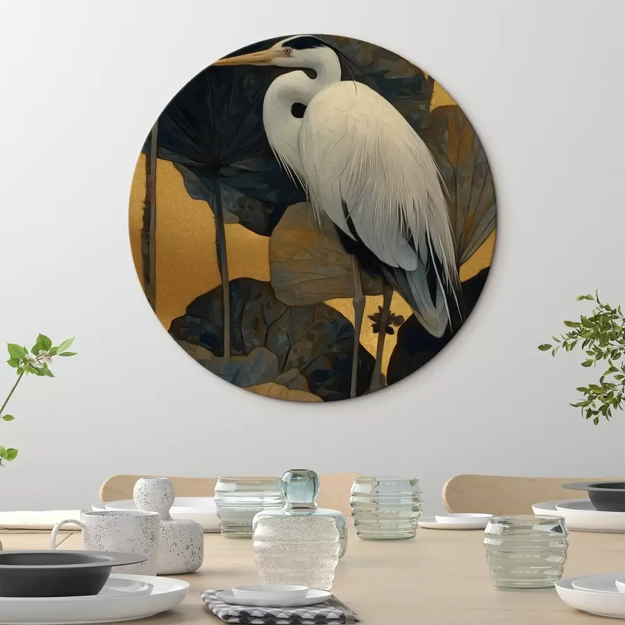 Tablouri Stârc alb printre frunze mari pe un fundal cald r46147