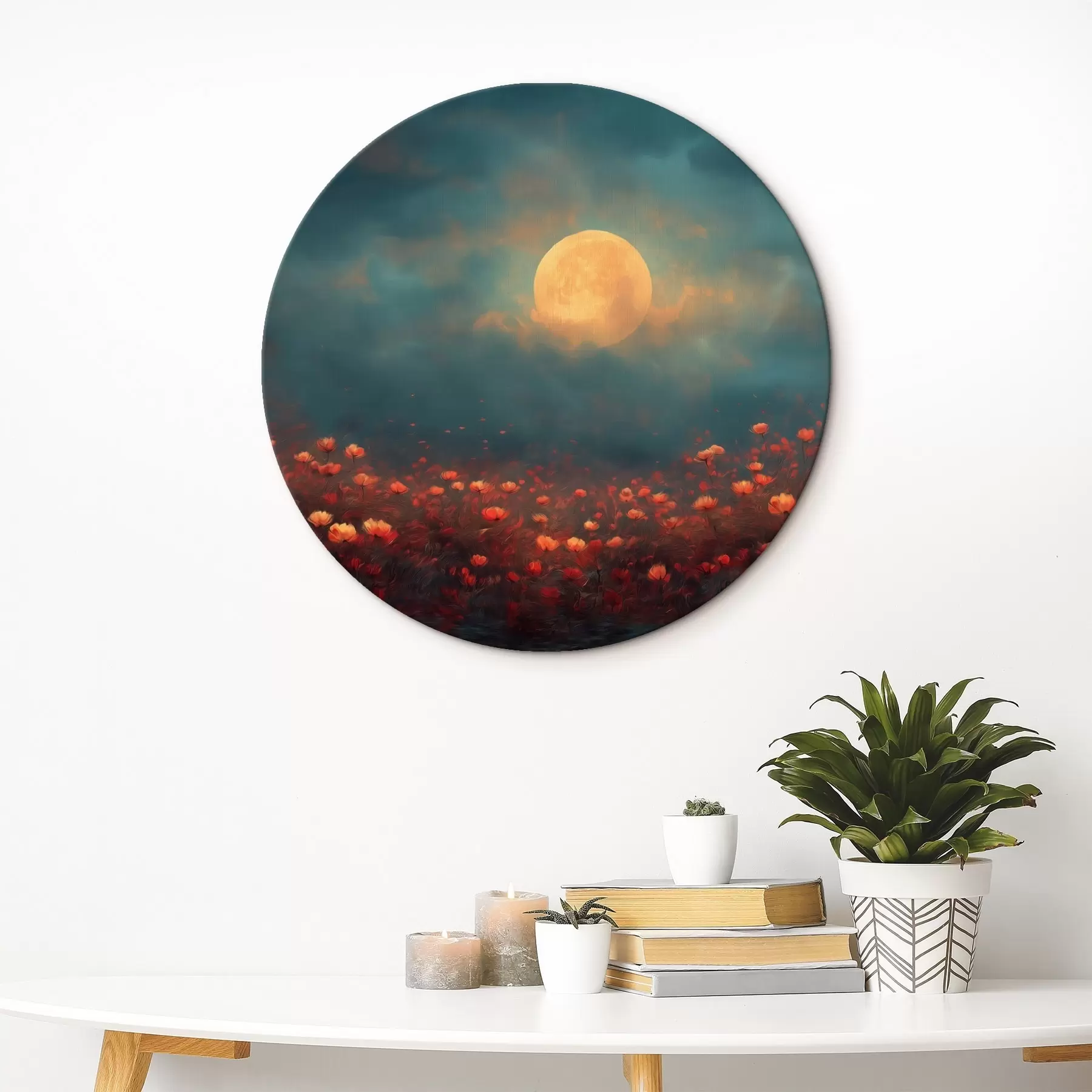 Tablouri Luna deasupra unui câmp de flori roșii într-un cer cețos de seară r46167