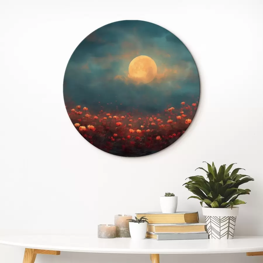 Tablouri Luna deasupra unui câmp de flori roșii într-un cer cețos de seară r46167