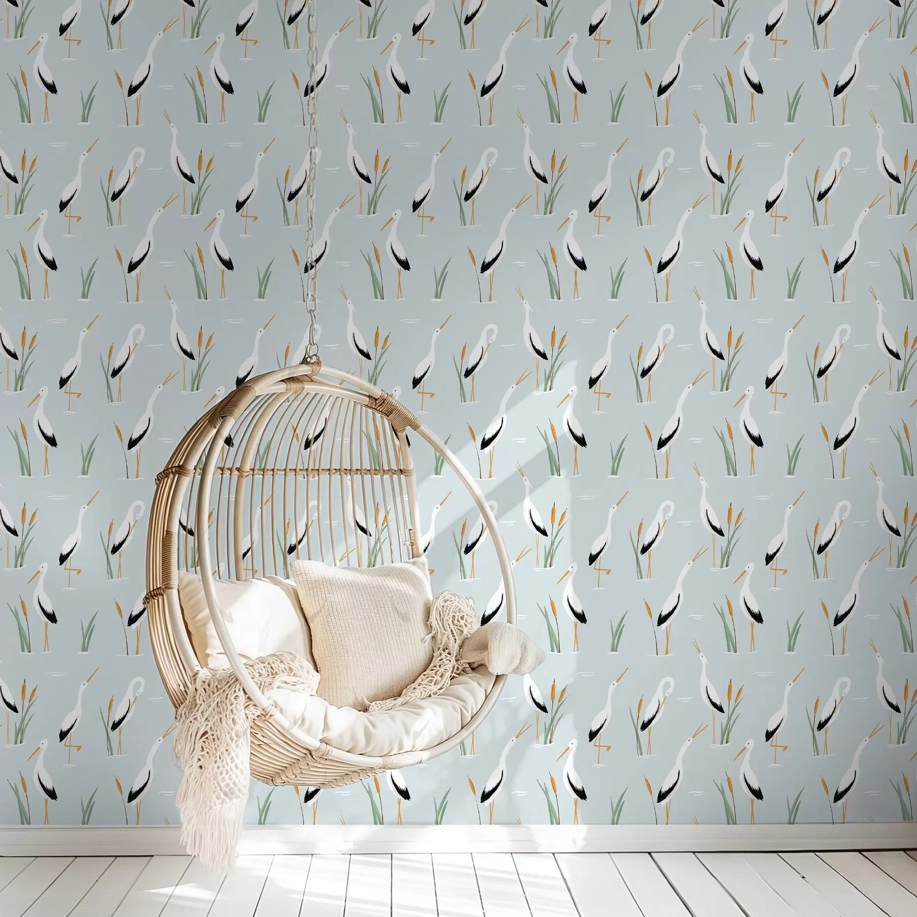 fototapet Stârci printre stufărișuri pe un fundal albastru deschis a00650v1