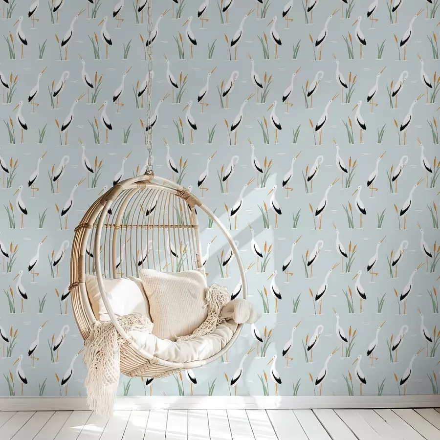 fototapet Stârci printre stufărișuri pe un fundal albastru deschis a00650v1