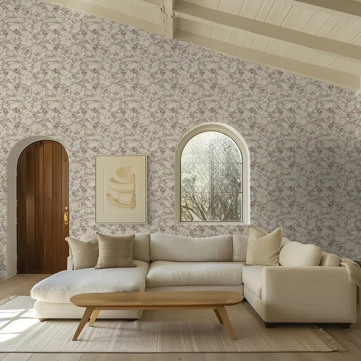 Wallpaper Trandafiri cu frunze verzi pe un fundal bej cald a00729