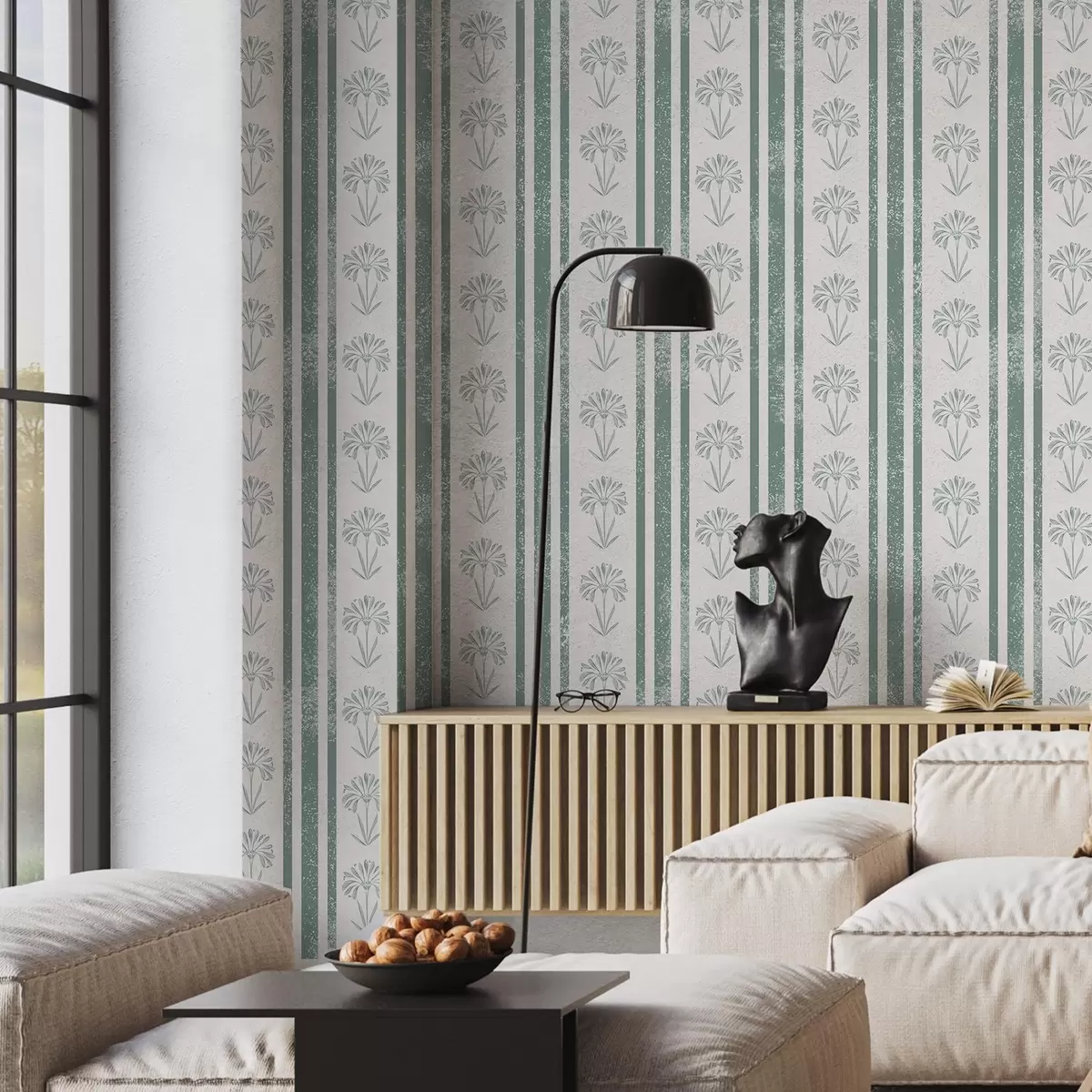 Wallpaper Model cu panglică și flori în nuanțe de verde a00732