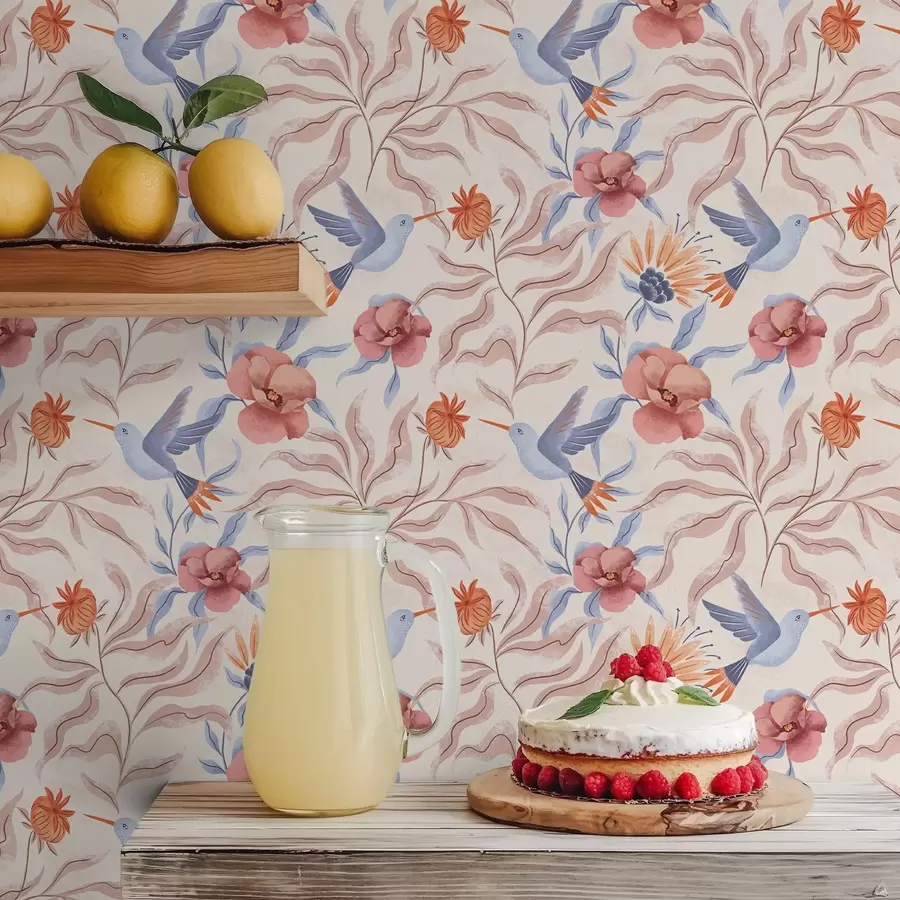 fototapet Colibri printre flori mari în tonuri de roz și albastru a00733