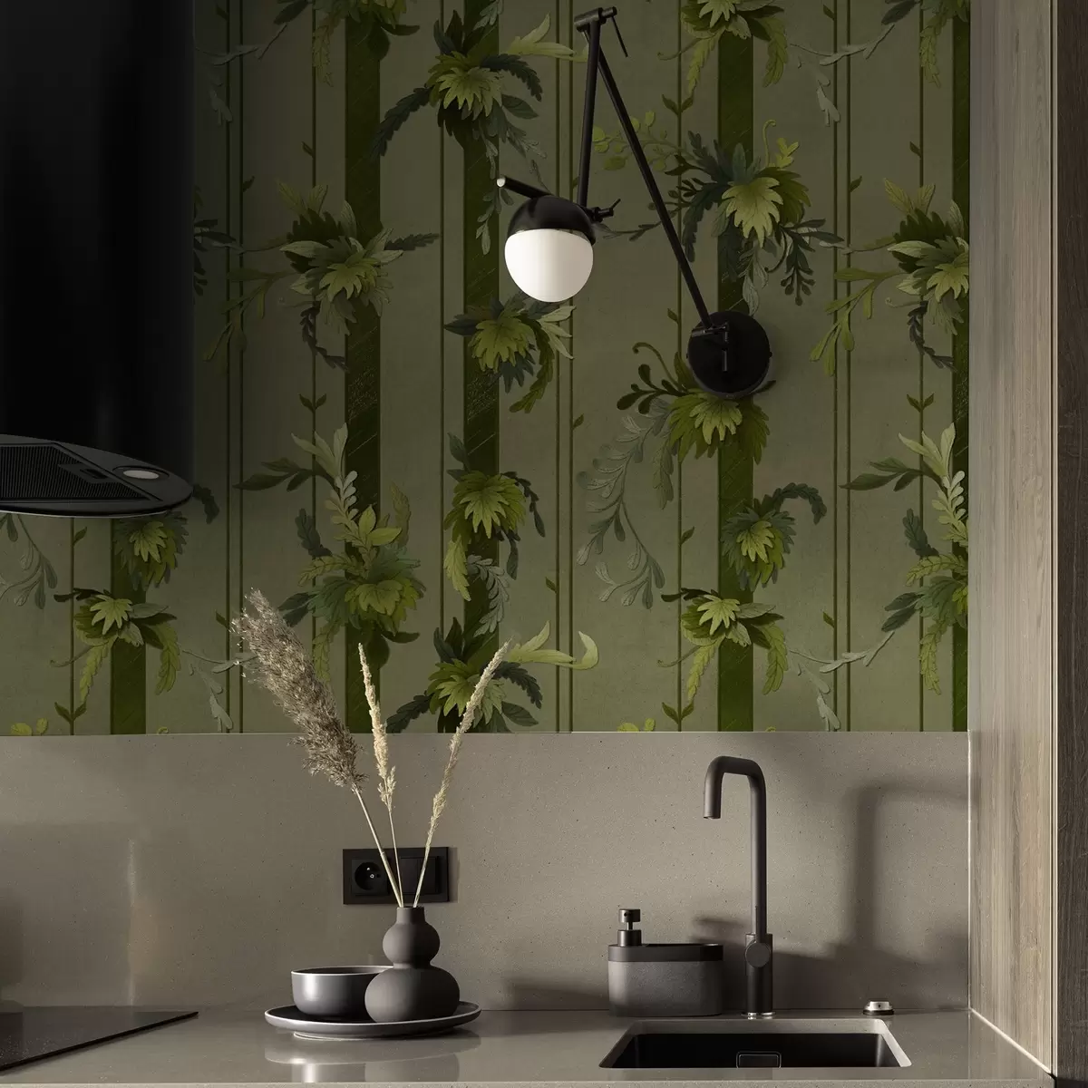 Wallpaper Frunze și ciorchini de viță de vie în nuanțe de acuarelă verde deschis a00807