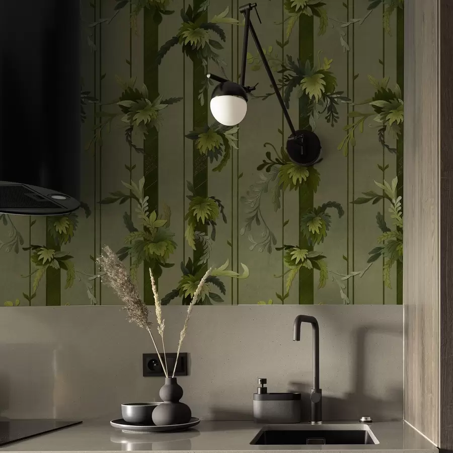 fototapet Frunze și ciorchini de viță de vie în nuanțe de acuarelă verde deschis a00807