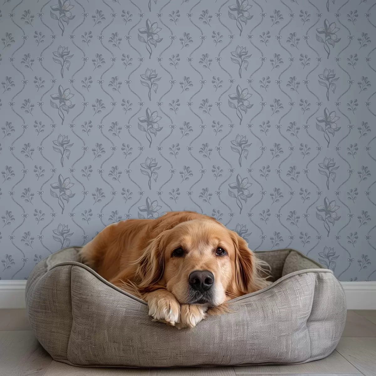 Wallpaper Flori mici și panglici în paleta de culori gri-albastru a00808v2