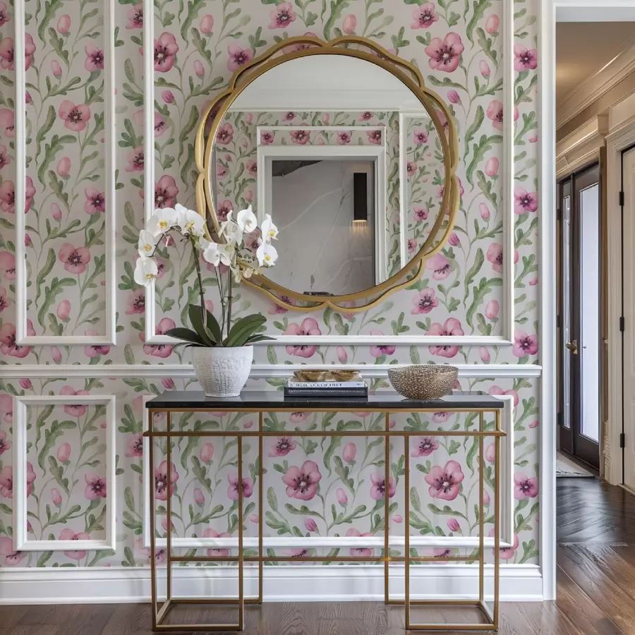 fototapet Maci roz delicați cu frunze în tehnică acuarelă a00830