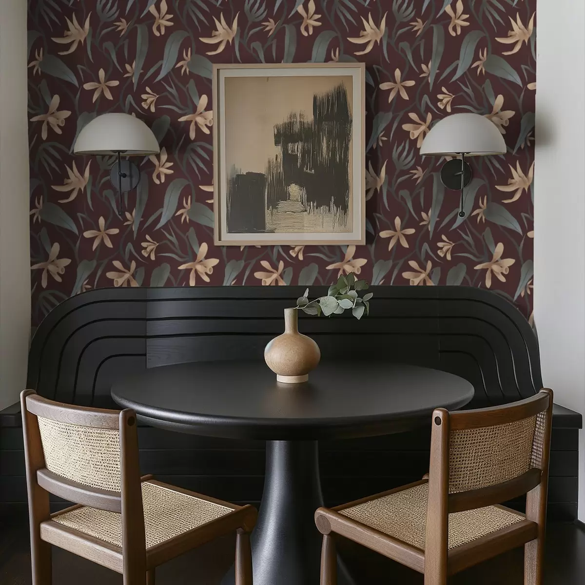 Wallpaper Flori crem cu frunze gri pe fond burgund a00833