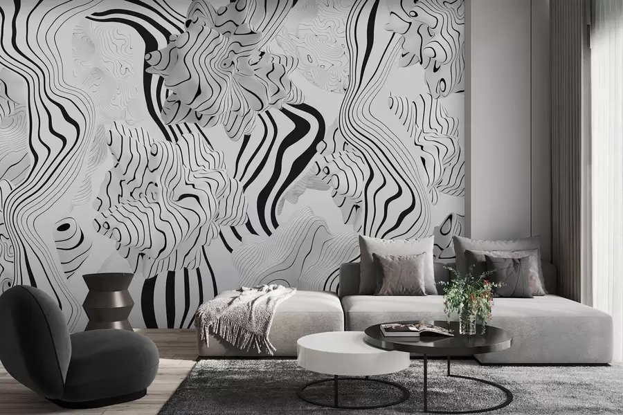fototapet forme organice abstracte în stil 3D în tonuri de alb și gri cu dungi negre w04627