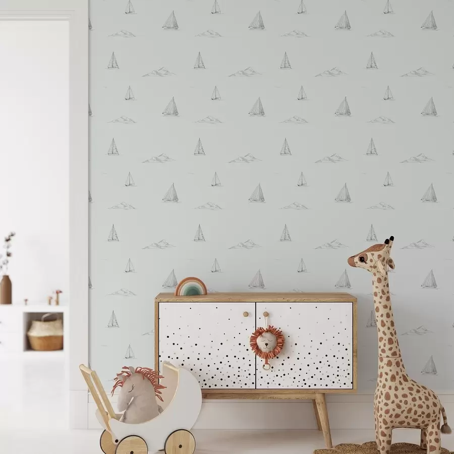 fototapet Schițe de iahturi și insule, fundal albastru-gri rece a00654