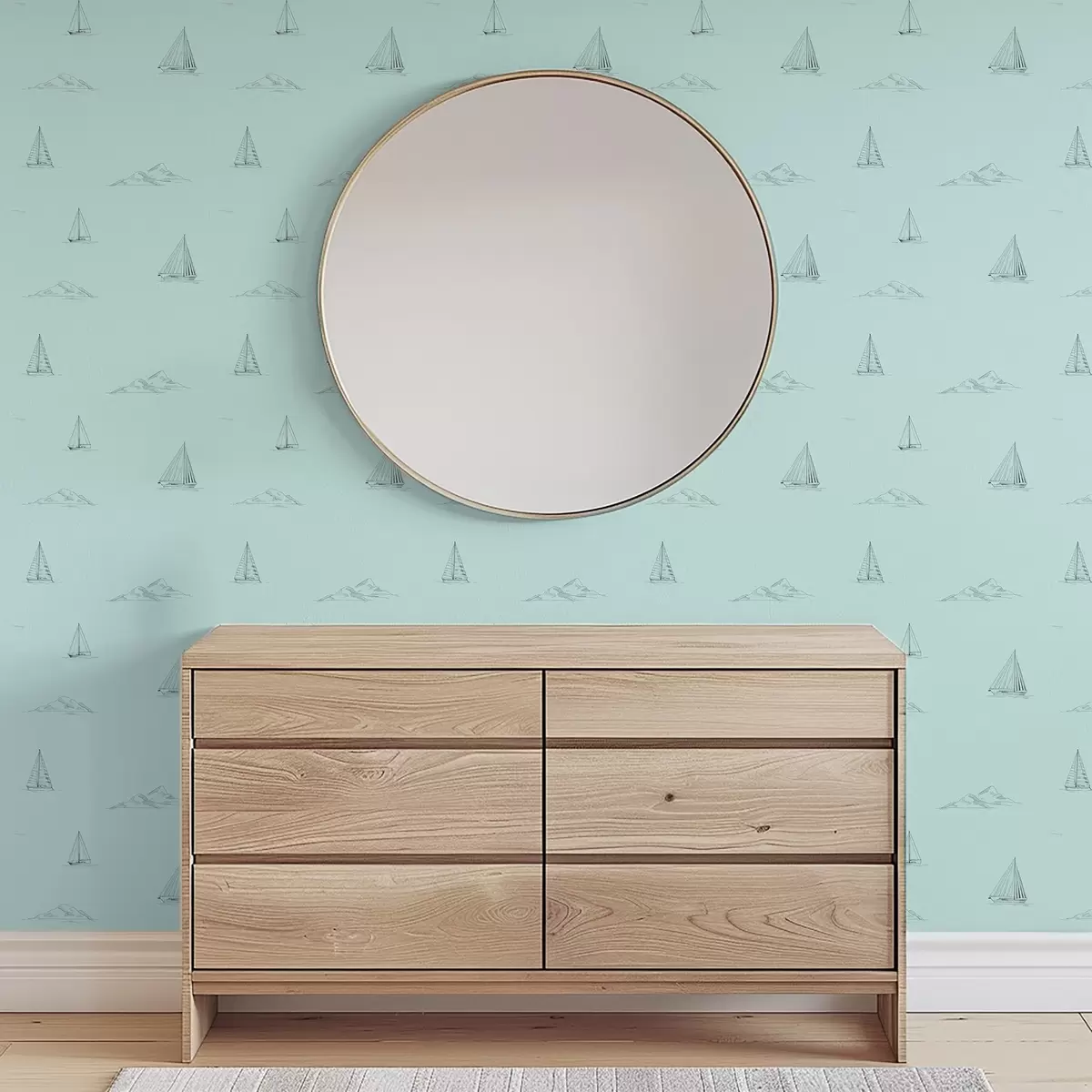 Wallpaper Schițe de iahturi și insule, fundal verde mentă a00654v4