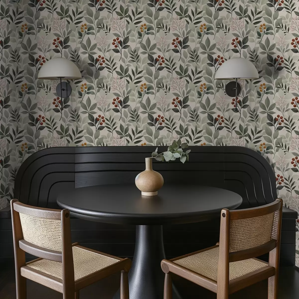 Wallpaper Frunze cu fructe de pădure, fundal deschis a00713