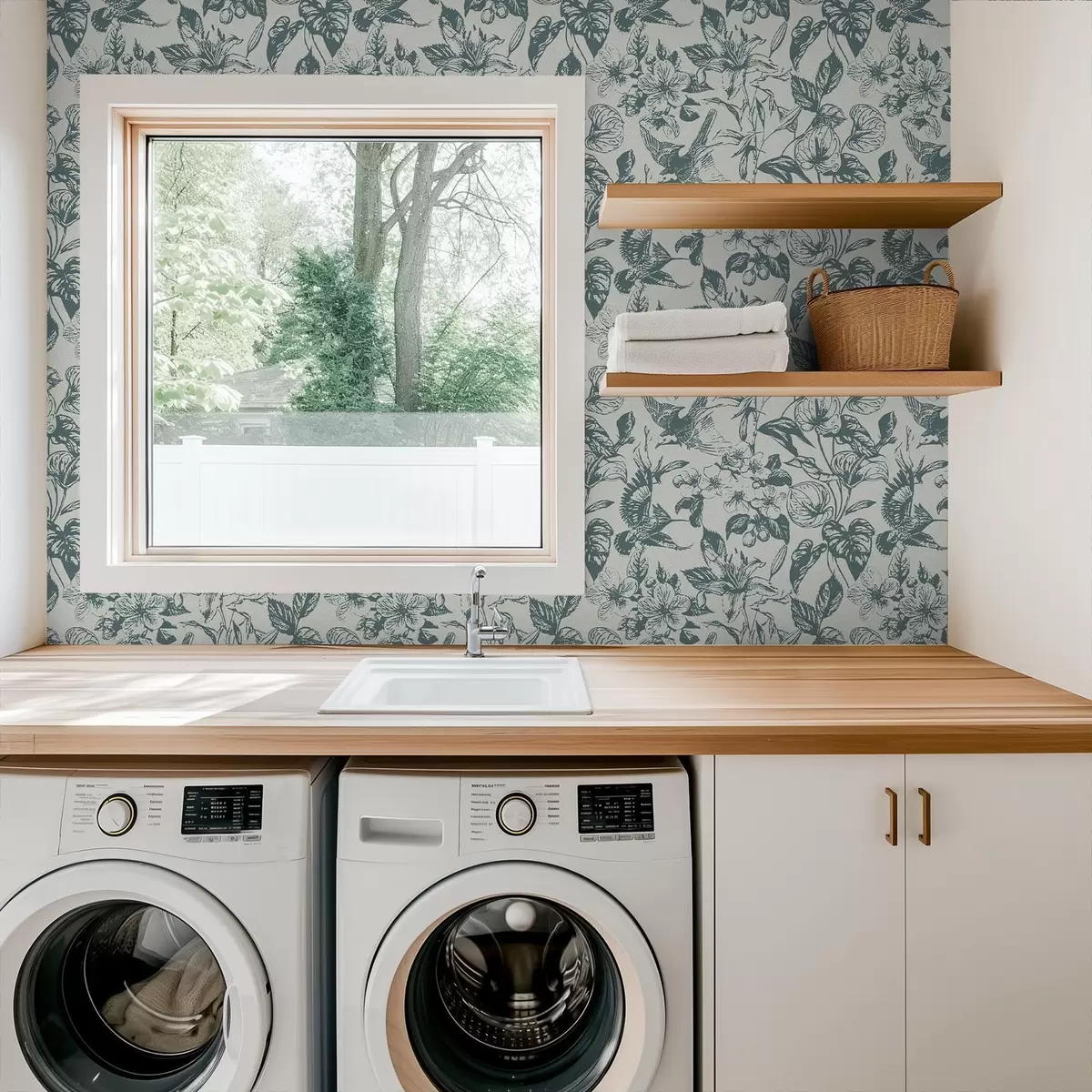 Wallpaper Ornament floral monocrom cu păsări a00737