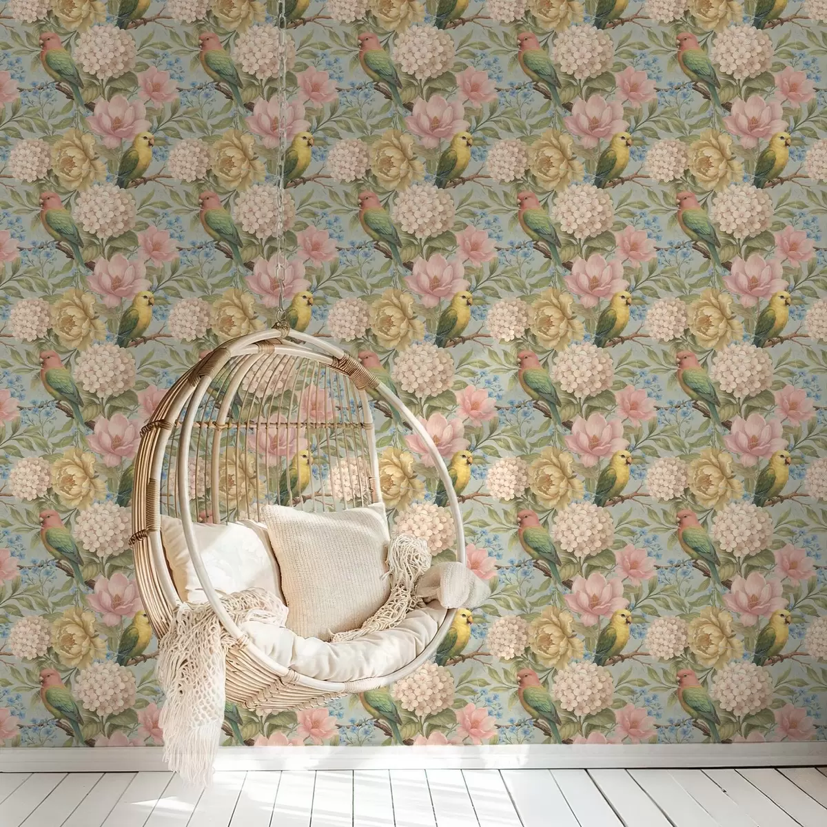 Wallpaper Papagali printre bujori, hortensii și magnolii a00747