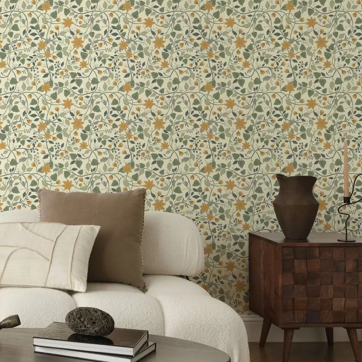 Wallpaper Ramuri florale cățărătoare cu flori galbene și fructe de pădure a00750