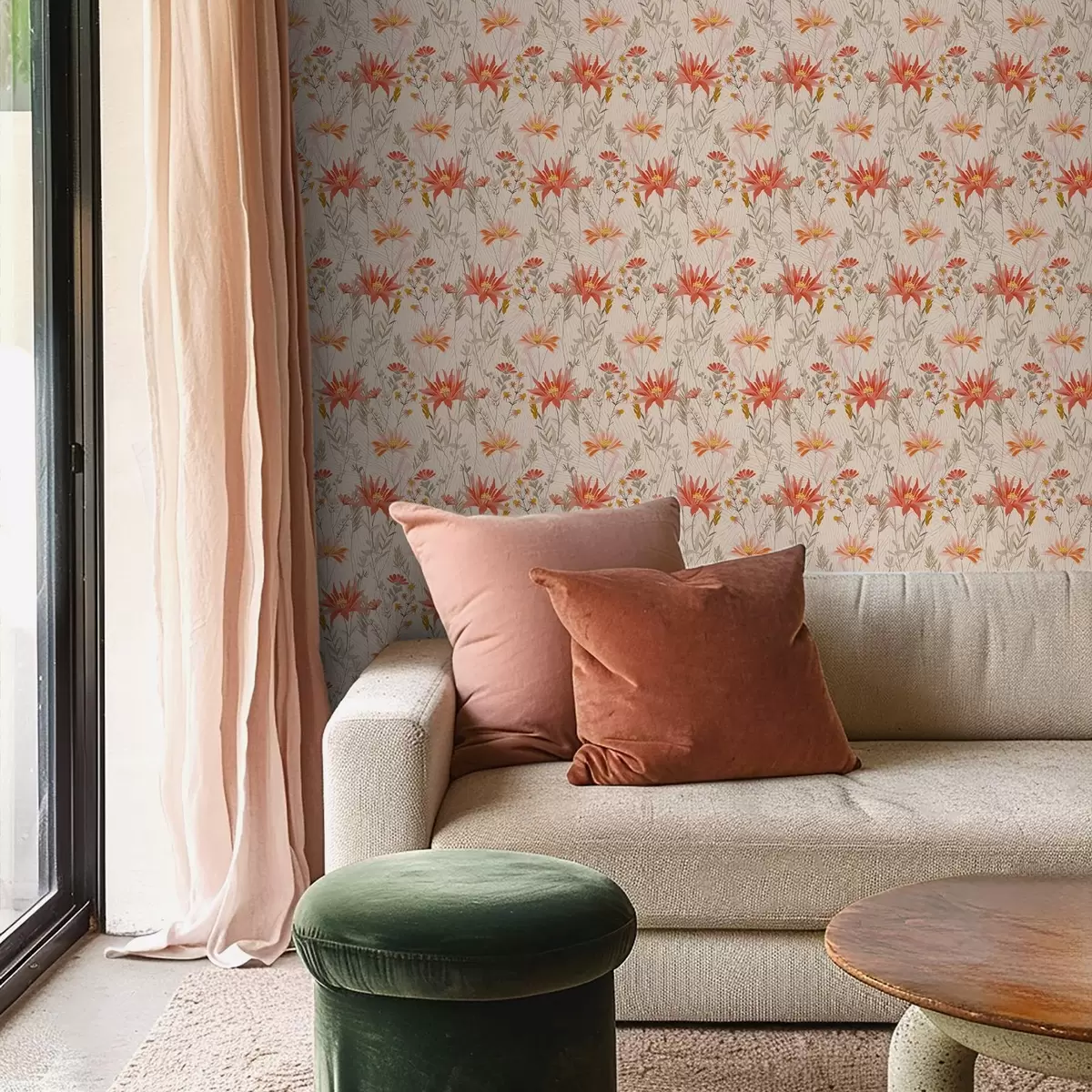 Wallpaper Flori sălbatice în tonuri calde pe fundal bej a00751