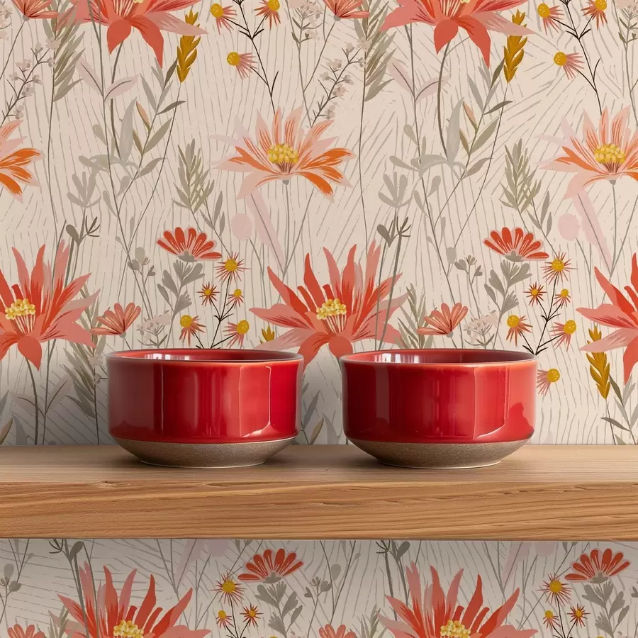 fototapet Flori sălbatice în tonuri calde pe fundal bej a00751