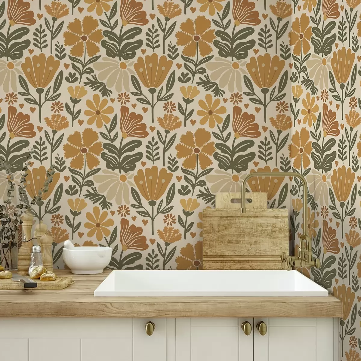 Wallpaper Flori stilizate în tonuri calde cu inimioare a00752