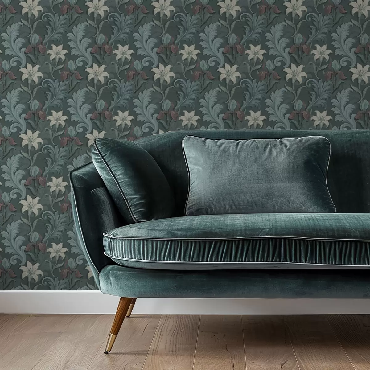 Wallpaper Fundal verde închis cu iriși și frunze decorative a00755