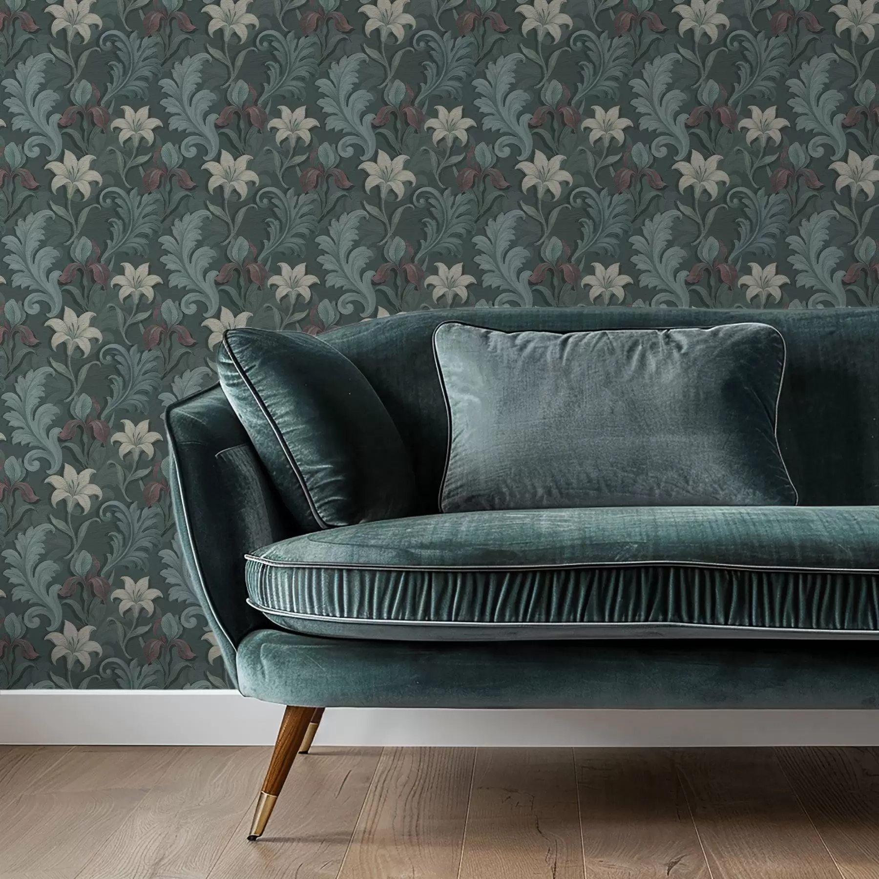 fototapet Fundal verde închis cu iriși și frunze decorative a00755