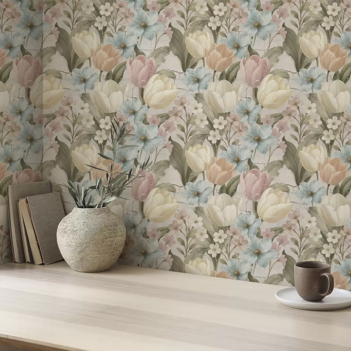 Wallpaper Lalele și flori pastelate pe fundal deschis, crăpat a00756