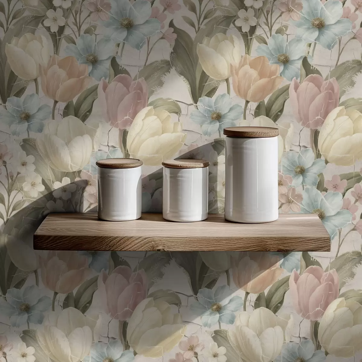 Wallpaper Lalele și flori pastelate pe fundal deschis, crăpat a00756