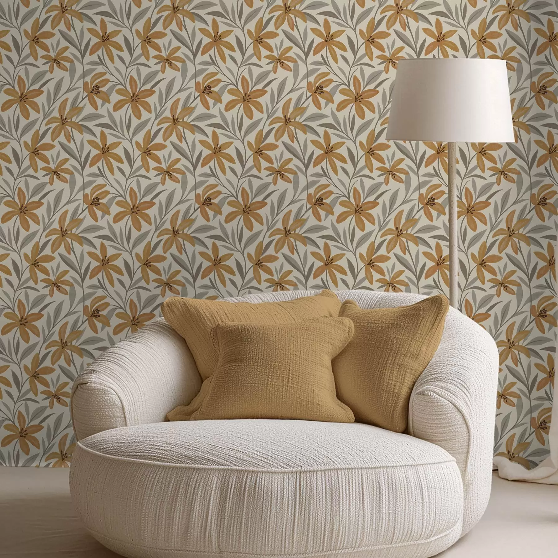 fototapet Crini galbeni și frunze gri-verzui pe fundal deschis a00757