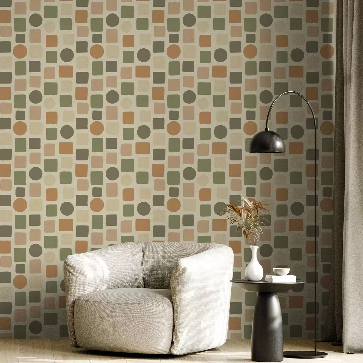 Wallpaper Model geometric din pătrate și cercuri în tonuri calde a00759