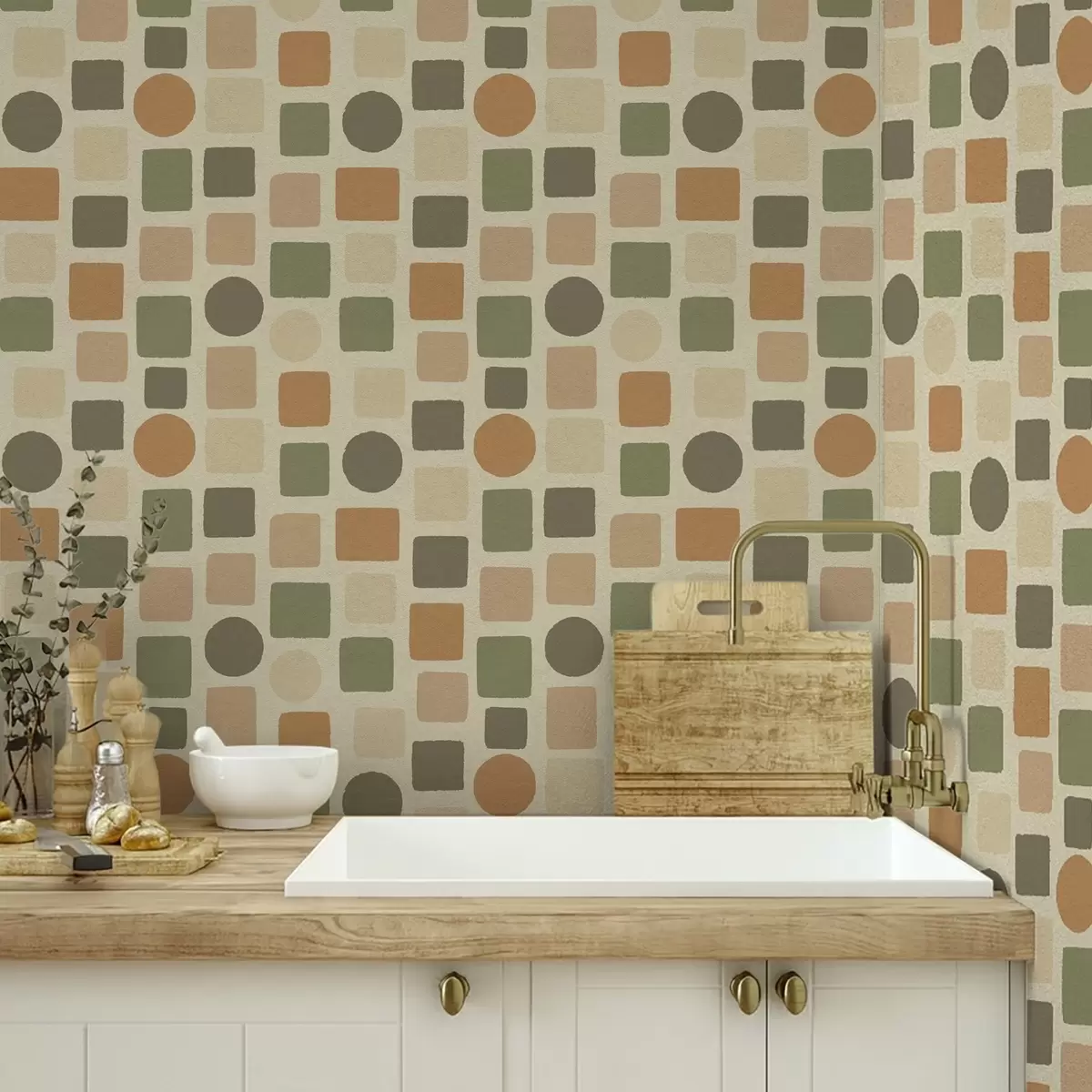 Wallpaper Model geometric din pătrate și cercuri în tonuri calde a00759